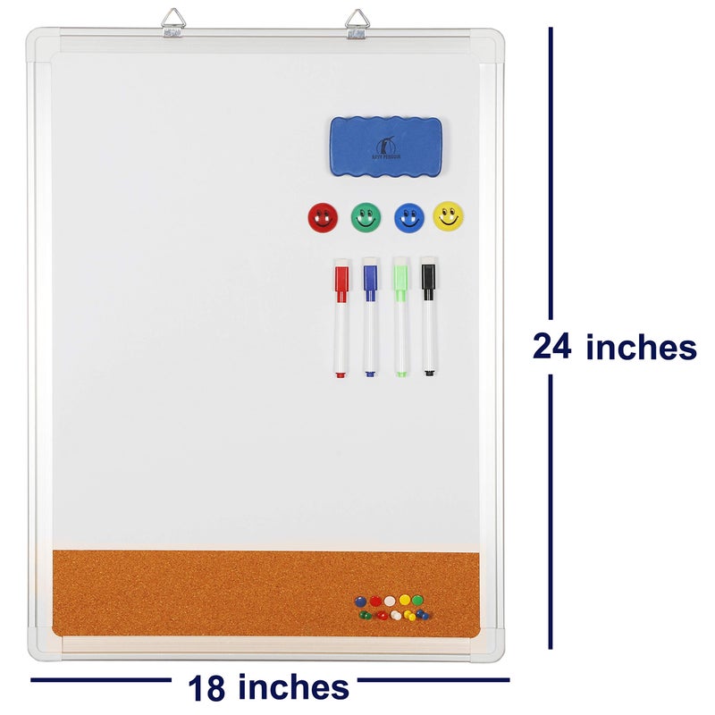 Navy Penguin White Board Cork Board Combo - 18x24 in Dry Erase Board with Cork and 1 Magnetic Eraser, 4 Dry Wipe Markers, 4 Magnets and 10 Pins - Wall Hanging Whiteboard with Corkboard for Home and Office - Image 2